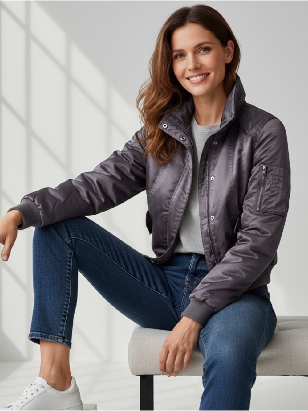 Yag Couture Silky Zip-Up Bomber Jacket with Hidden Hood Large